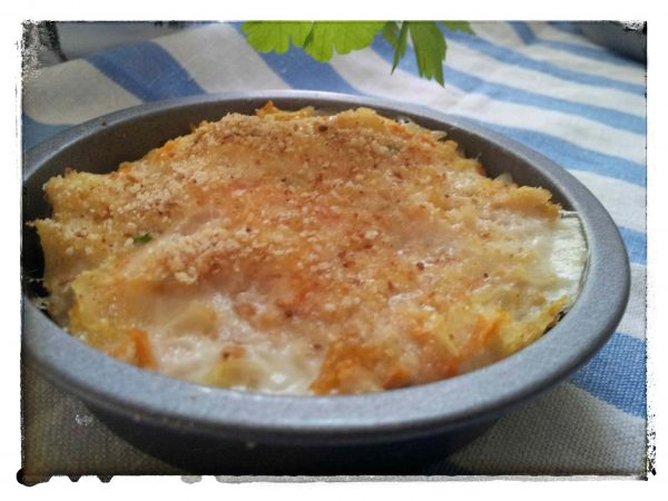 Tortine gratinate di pesce affumicato con patate e carote